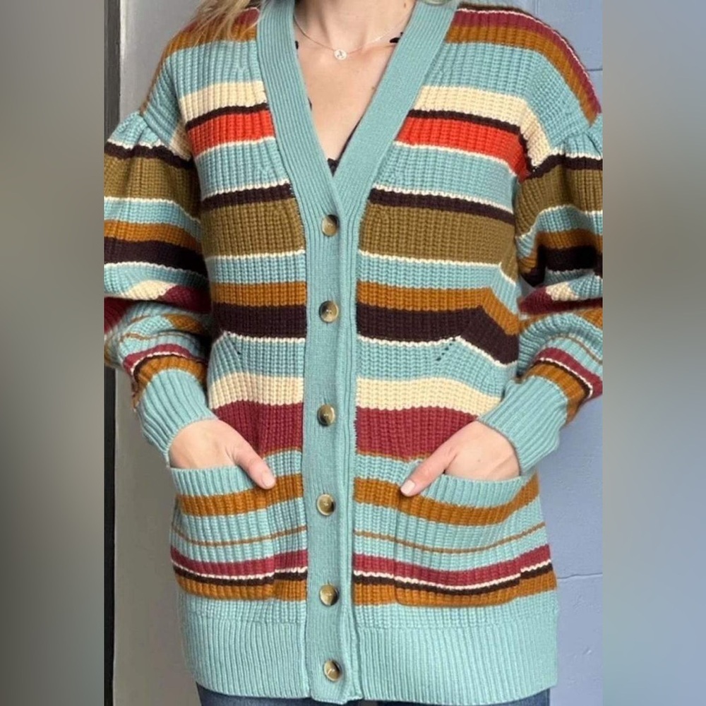 Ulla Johnson Teal Striped Tillie Ballon Sleeve Cardigan Sweater Size Small - Picture 2 of 10